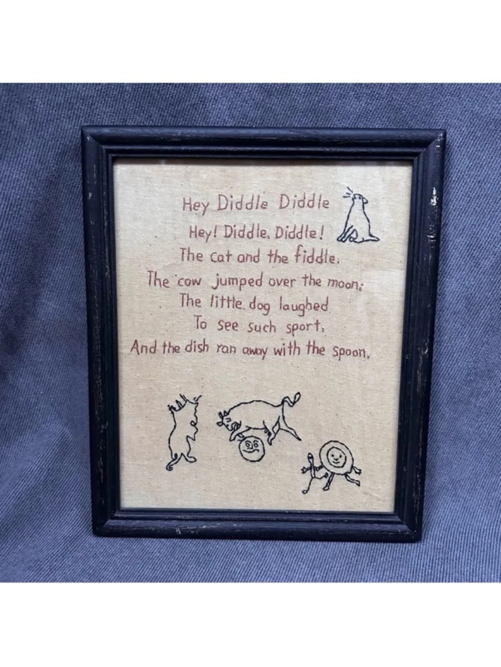 Vintage prim  embroidered picture the cow jumped over the moon